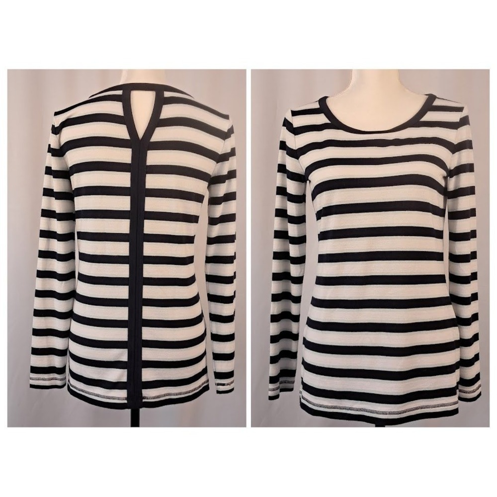 T BY TALBOTS XS Navy Blue Striped Long‎ Sleeve Pullover Crew Neck Keyhole Back